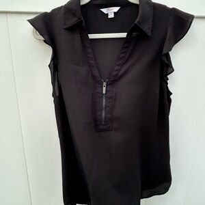 Candie's Black Flutter Sleeve Blouse with Notched Collar
